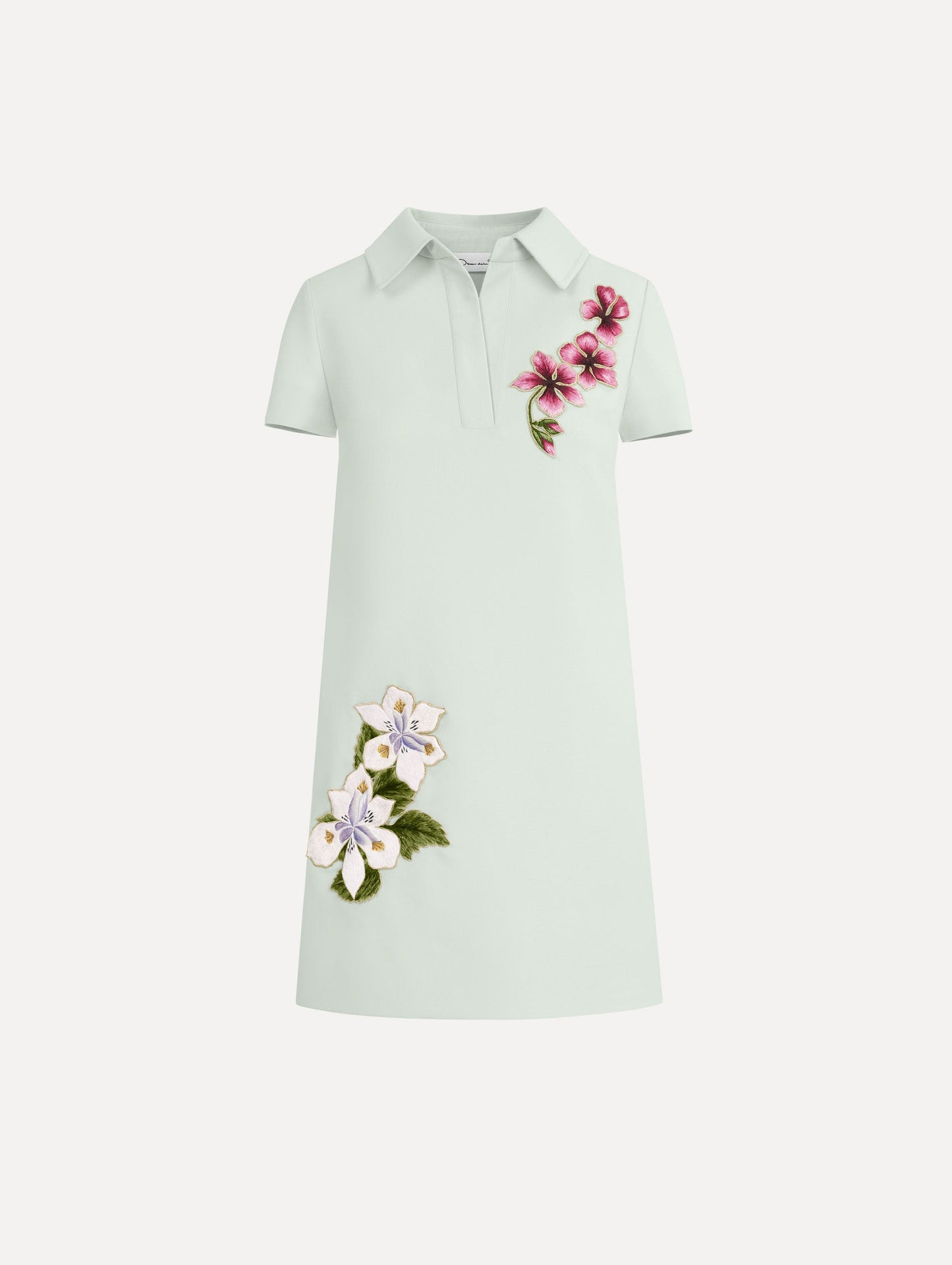 The Dominican Mixed-Floral Threadwork Shift Dress in Saltwater. Featuring open collar neckline and mini length. Front View.