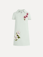 The Dominican Mixed-Floral Threadwork Shift Dress in Saltwater. Featuring open collar neckline and mini length. Front View.