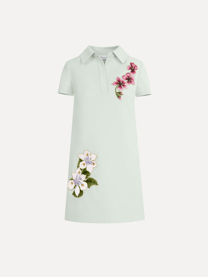 The Dominican Mixed-Floral Threadwork Shift Dress in Saltwater. Featuring open collar neckline and mini length. Front View.