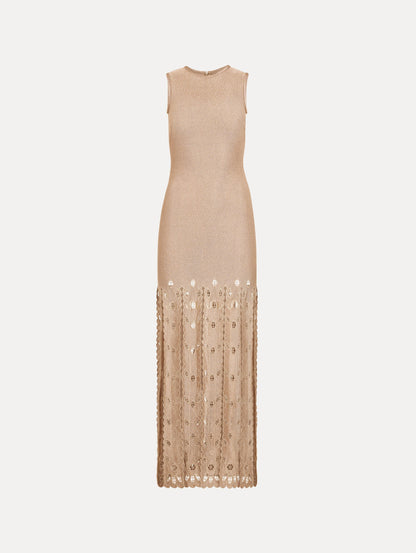 The Pineapple Fringe Metallic Jersey Dress. Featuring shimmering metallic jersey fabrication, a body-skimming silhouette, and pineapple-inspired fringe along the hem. Front View.