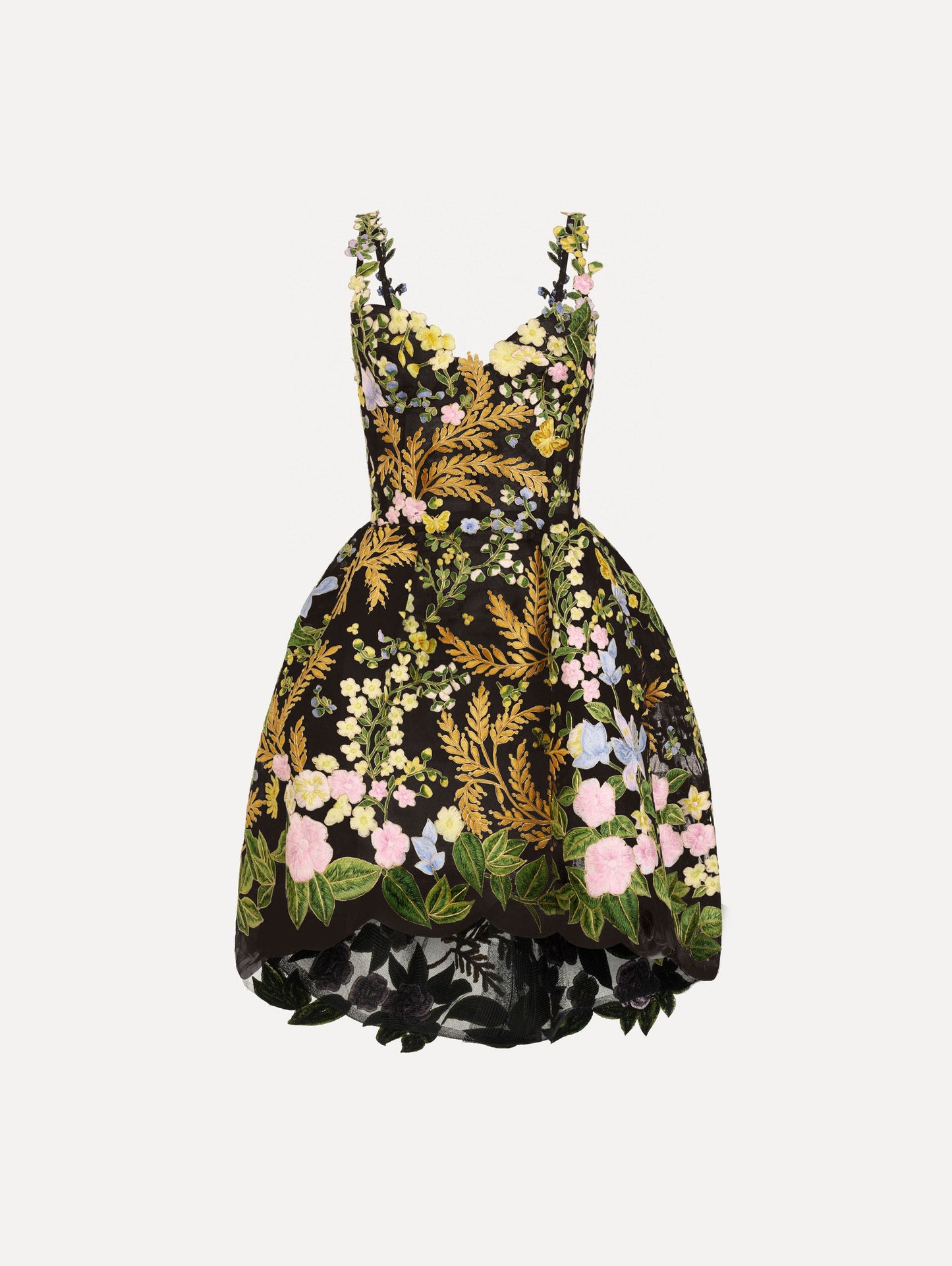The Dominican Mixed-Floral Guipure High-Low Dress. Featuring a sweetheart neckline, delicate floral straps, fitted bodice, and mini skirt. Front View.