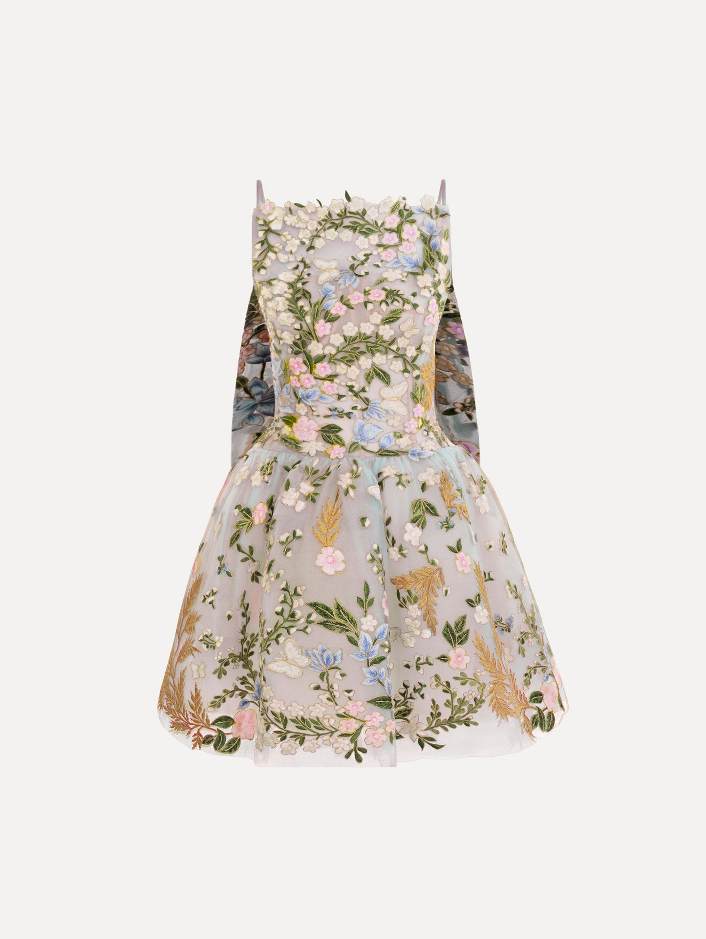 The Dominican Mixed-Floral Guipure Cape-Back Dress. Featuring a straight neckline, fitted bodice, flared mini skirt, and structural cape. Front View.