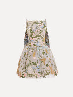 The Dominican Mixed-Floral Guipure Cape-Back Dress. Featuring a straight neckline, fitted bodice, flared mini skirt, and structural cape. Front View.