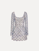 The Crystal & Glass Embroidered Cocktail Dress. Featuring a scoop neckline, long sleeves, and mini length. Front View.