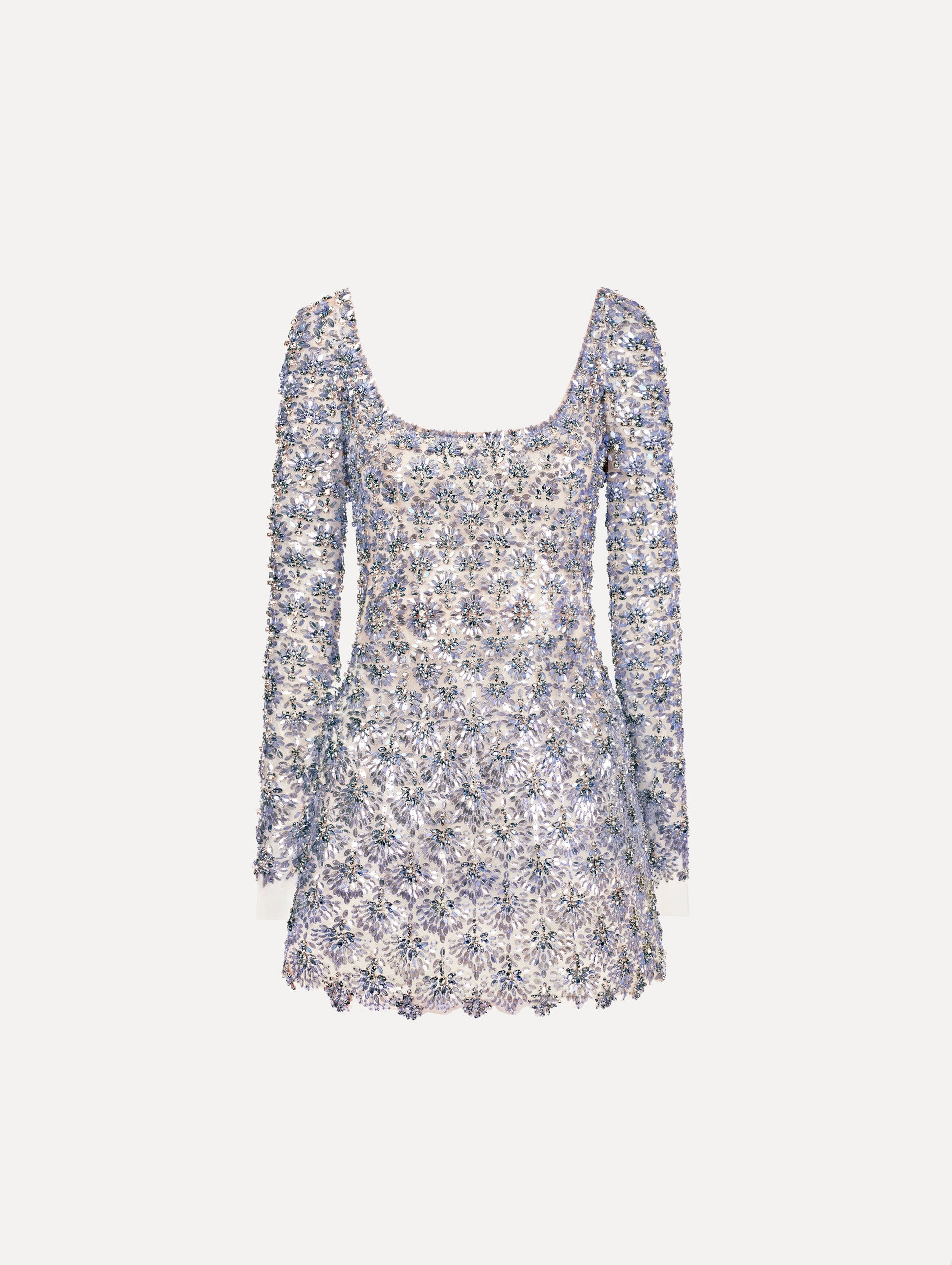 The Crystal & Glass Embroidered Cocktail Dress. Featuring a scoop neckline, long sleeves, and mini length. Front View.