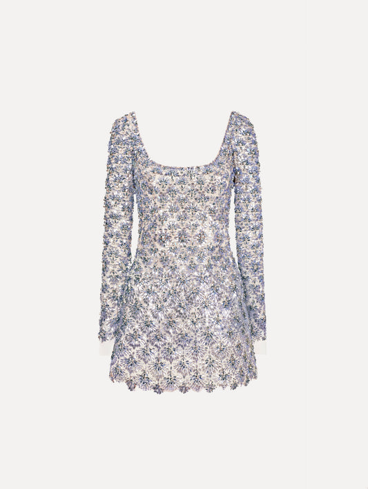 The Crystal & Glass Embroidered Cocktail Dress. Featuring a scoop neckline, long sleeves, and mini length. Front View.