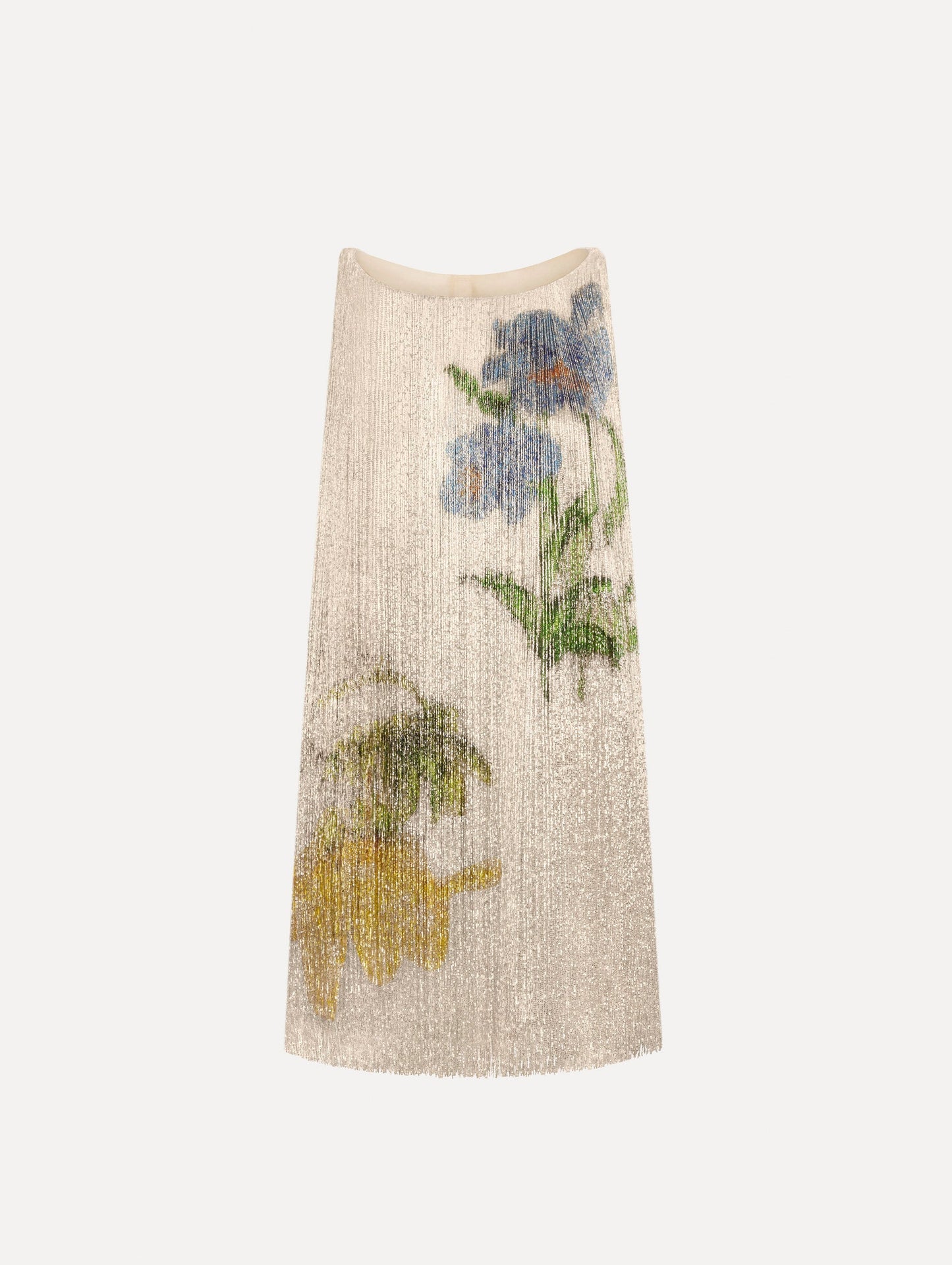 The Chiné Hibiscus Beaded Fringe Shift Dress. Featuring layers of beaded fringe and mini length. Front View.