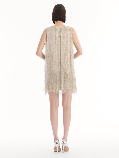 The model is wearing the Chiné Hibiscus Beaded Fringe Shift Dress. Featuring layers of beaded fringe and mini length. Back View.
