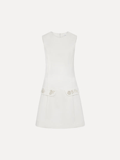 Crystal Floral Embroidered Cocktail Dress without Cape in ivory. Front View.