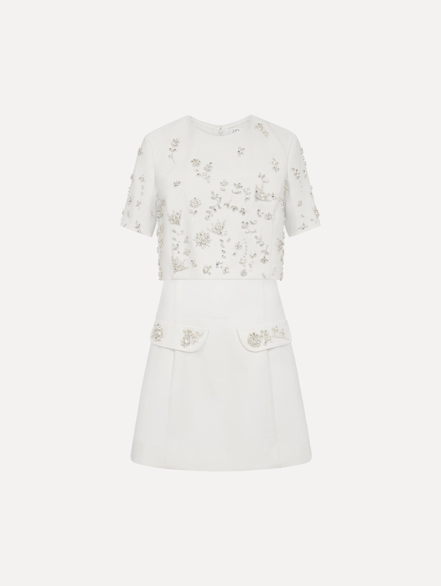 Crystal Floral Embroidered Cocktail Dress with Cape in ivory. Front View.