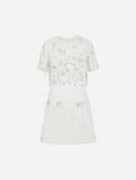 Crystal Floral Embroidered Cocktail Dress with Cape in ivory. Front View.
