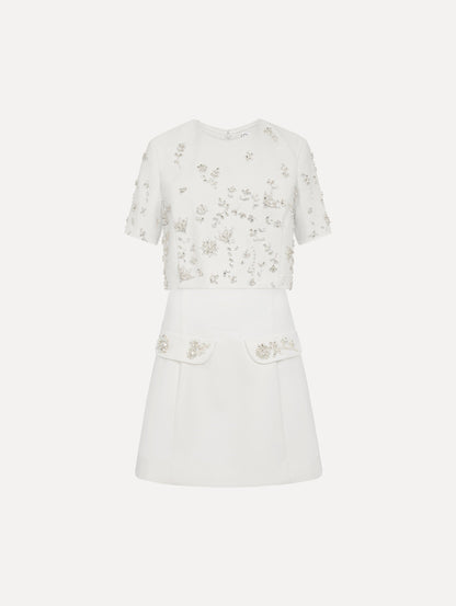 Crystal Floral Embroidered Cocktail Dress with Cape in ivory. Front View.