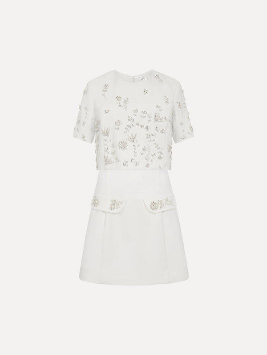Crystal Floral Embroidered Cocktail Dress with Cape in ivory. Front View.