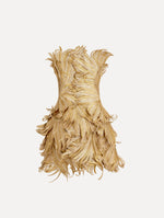 The Palm Leaves Metallic Cocktail Dress in Gold. Featuring dynamic palm leaves sculpted in metallic embroidery and a mini-length skirt. Front View.