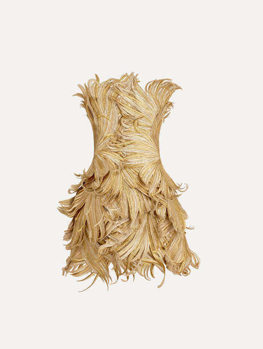 The Palm Leaves Metallic Cocktail Dress in Gold. Featuring dynamic palm leaves sculpted in metallic embroidery and a mini-length skirt. Front View.