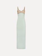 The Twist-Detail Metallic Column Gown in Saltwater Blue. Featuring a metallic twist-detail bodice and long, column silhouette. Front View.