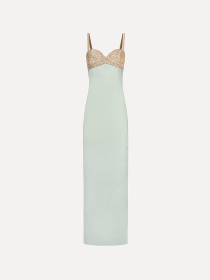 The Twist-Detail Metallic Column Gown in Saltwater Blue. Featuring a metallic twist-detail bodice and long, column silhouette. Front View.