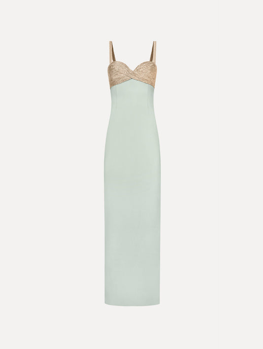 The Twist-Detail Metallic Column Gown in Saltwater Blue. Featuring a metallic twist-detail bodice and long, column silhouette. Front View.
