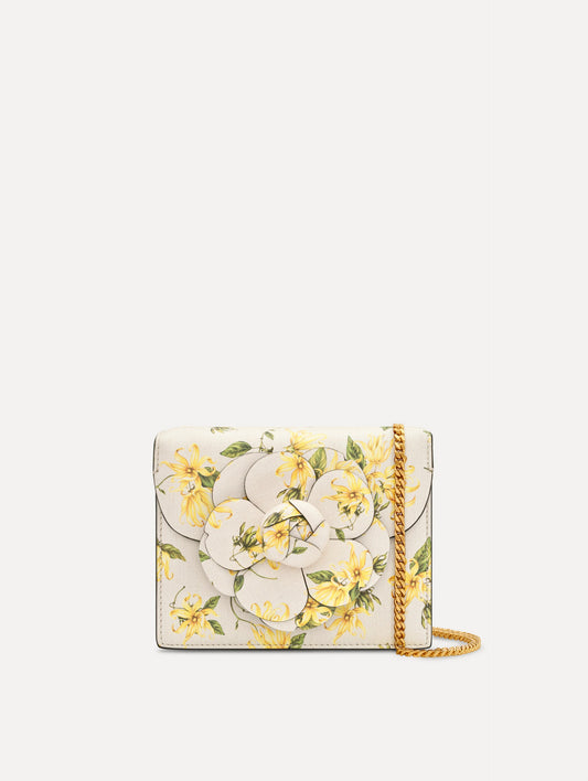 The Ylang Ylang Printed Mini TRO Bag in Yellow. Front View.