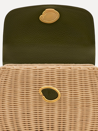 The Mini Poppy in Wicker in Olive. Detail View.