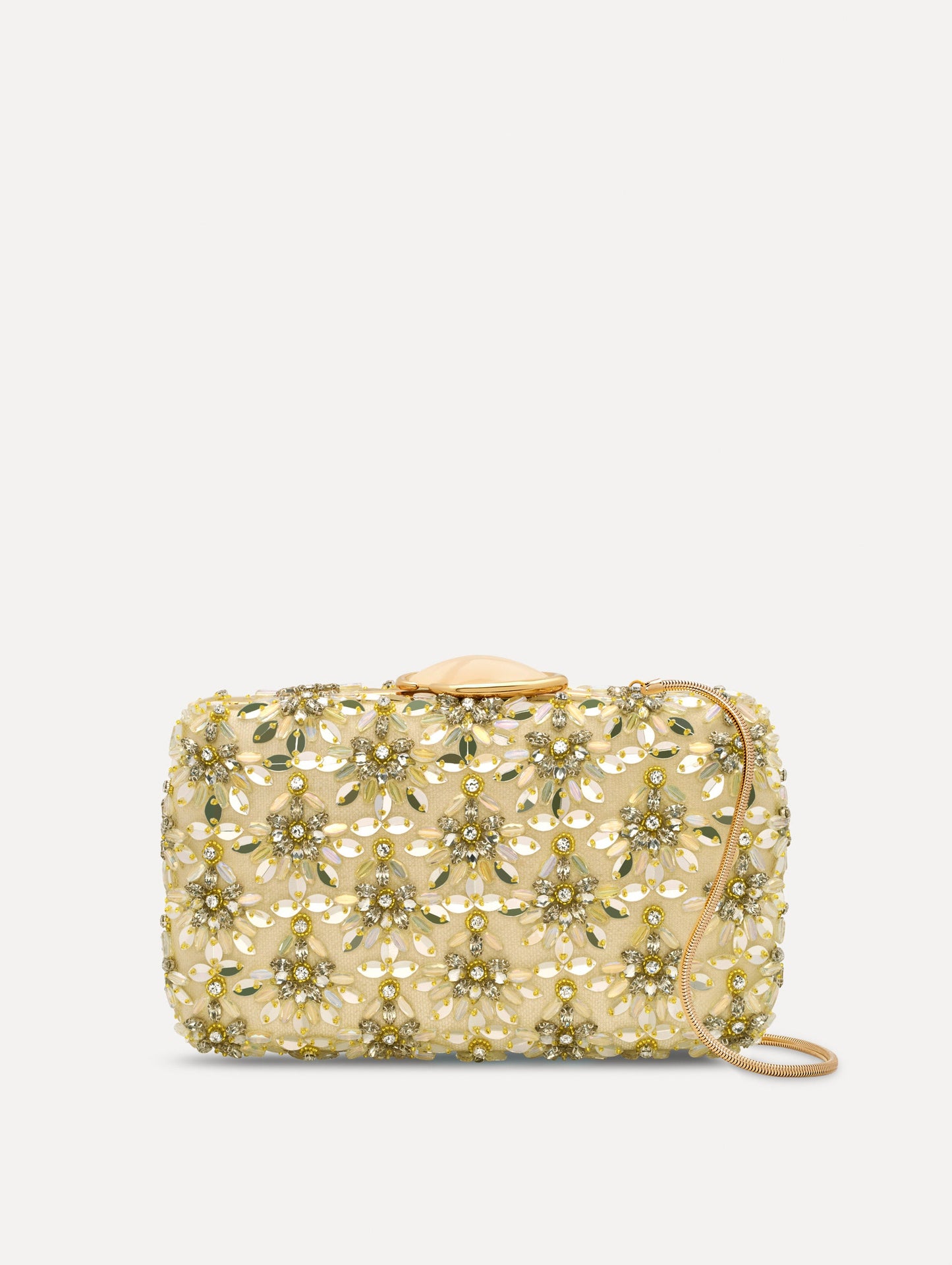 The Crystal & Glass Embroidered O Minaudière in Gold and Crystal Embroidery. Front View.