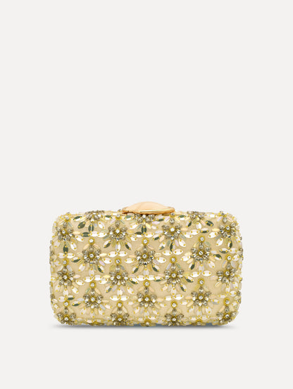 The Crystal & Glass Embroidered O Minaudière in Gold and Crystal Embroidery. Front View.