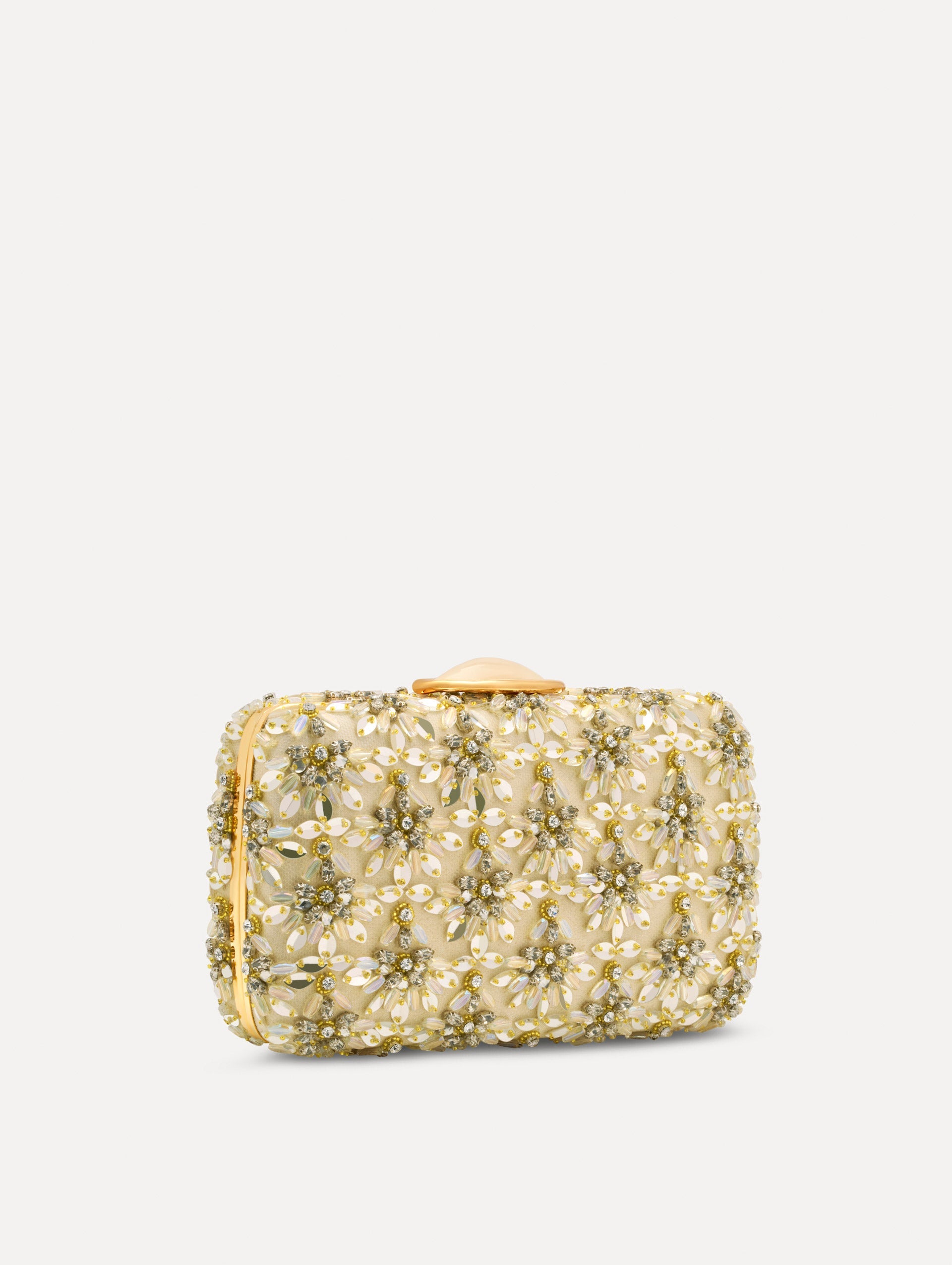 The Crystal & Glass Embroidered O Minaudière in Gold and Crystal Embroidery. Side View.