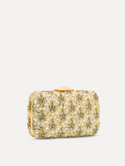 The Crystal & Glass Embroidered O Minaudière in Gold and Crystal Embroidery. Side View.