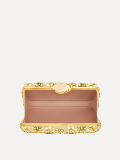 The Crystal & Glass Embroidered O Minaudière in Gold and Crystal Embroidery. Top View.
