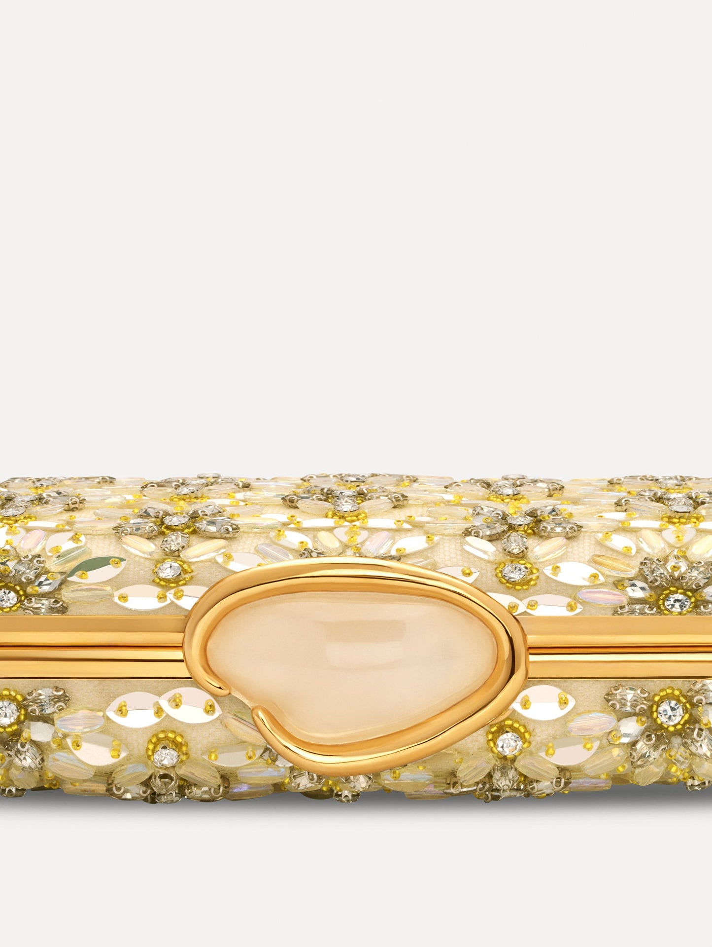 The Crystal & Glass Embroidered O Minaudière in Gold and Crystal Embroidery. Detail View.