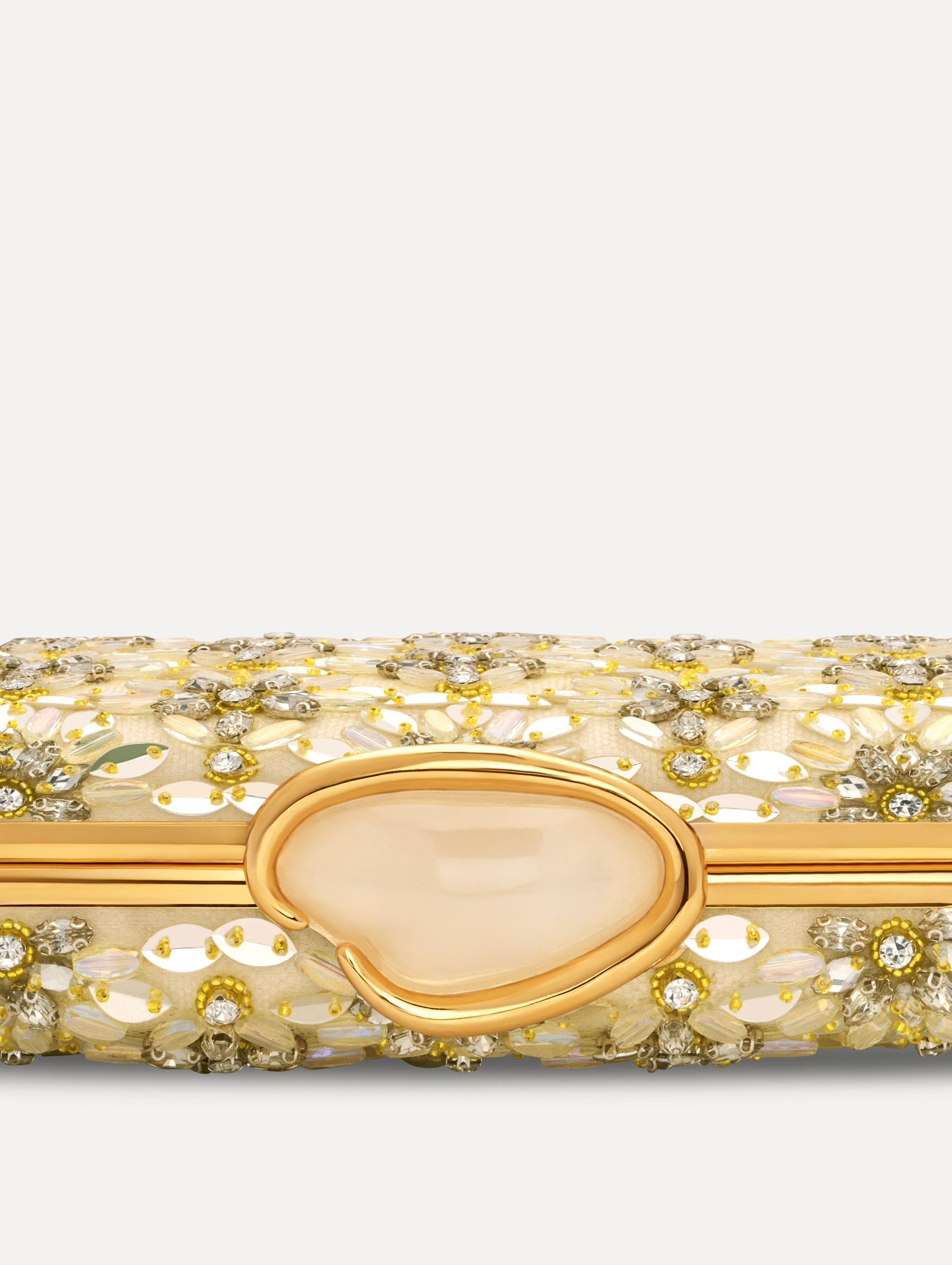 The Crystal & Glass Embroidered O Minaudière in Gold and Crystal Embroidery. Detail View.