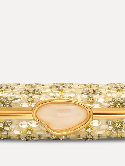 The Crystal & Glass Embroidered O Minaudière in Gold and Crystal Embroidery. Detail View.