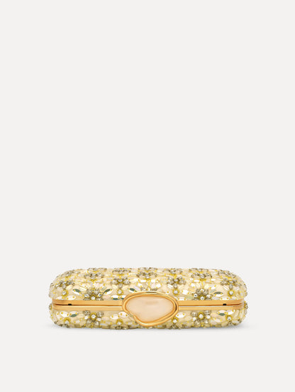 The Crystal & Glass Embroidered O Minaudière in Gold and Crystal Embroidery. Top View.