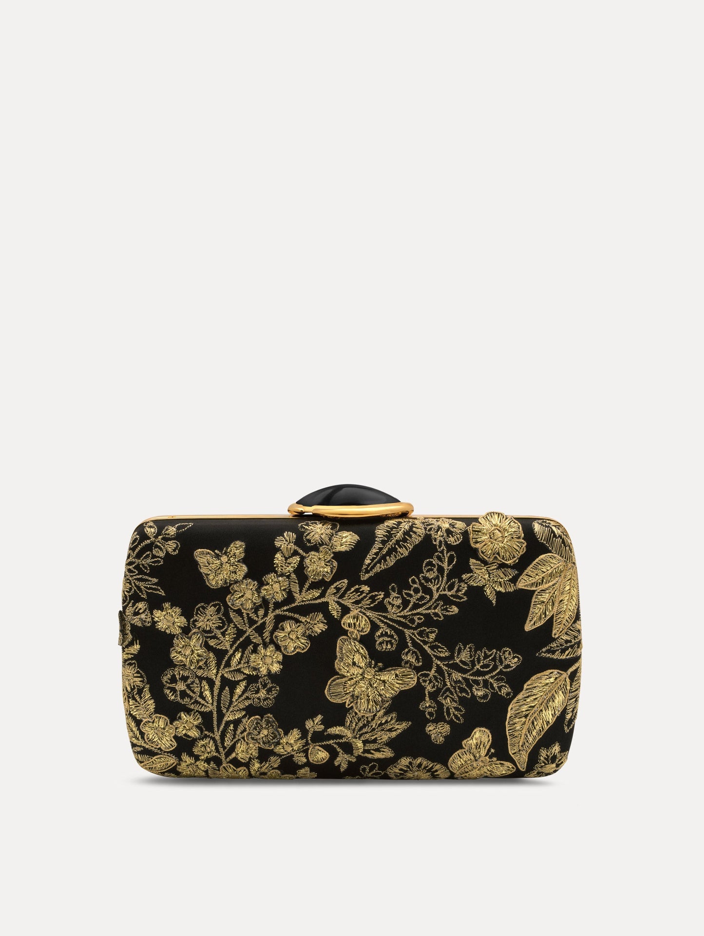 The Butterfly Embroidered O Minaudière in Black Satin with Gold Butterfly Embroidery. Front View.