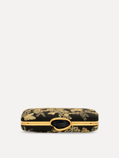 The Butterfly Embroidered O Minaudière in Black Satin with Gold Butterfly Embroidery. Top View.