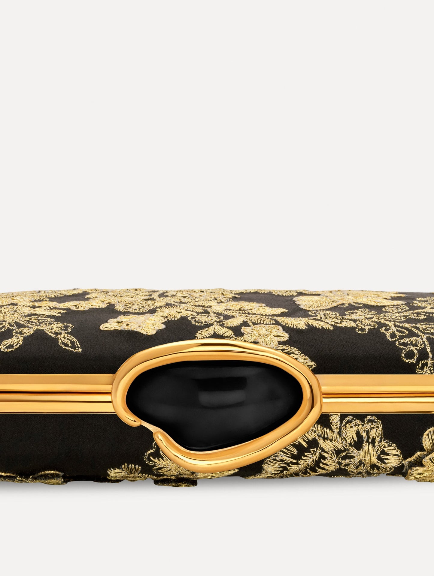 The Butterfly Embroidered O Minaudière in Black Satin with Gold Butterfly Embroidery. Detail View.