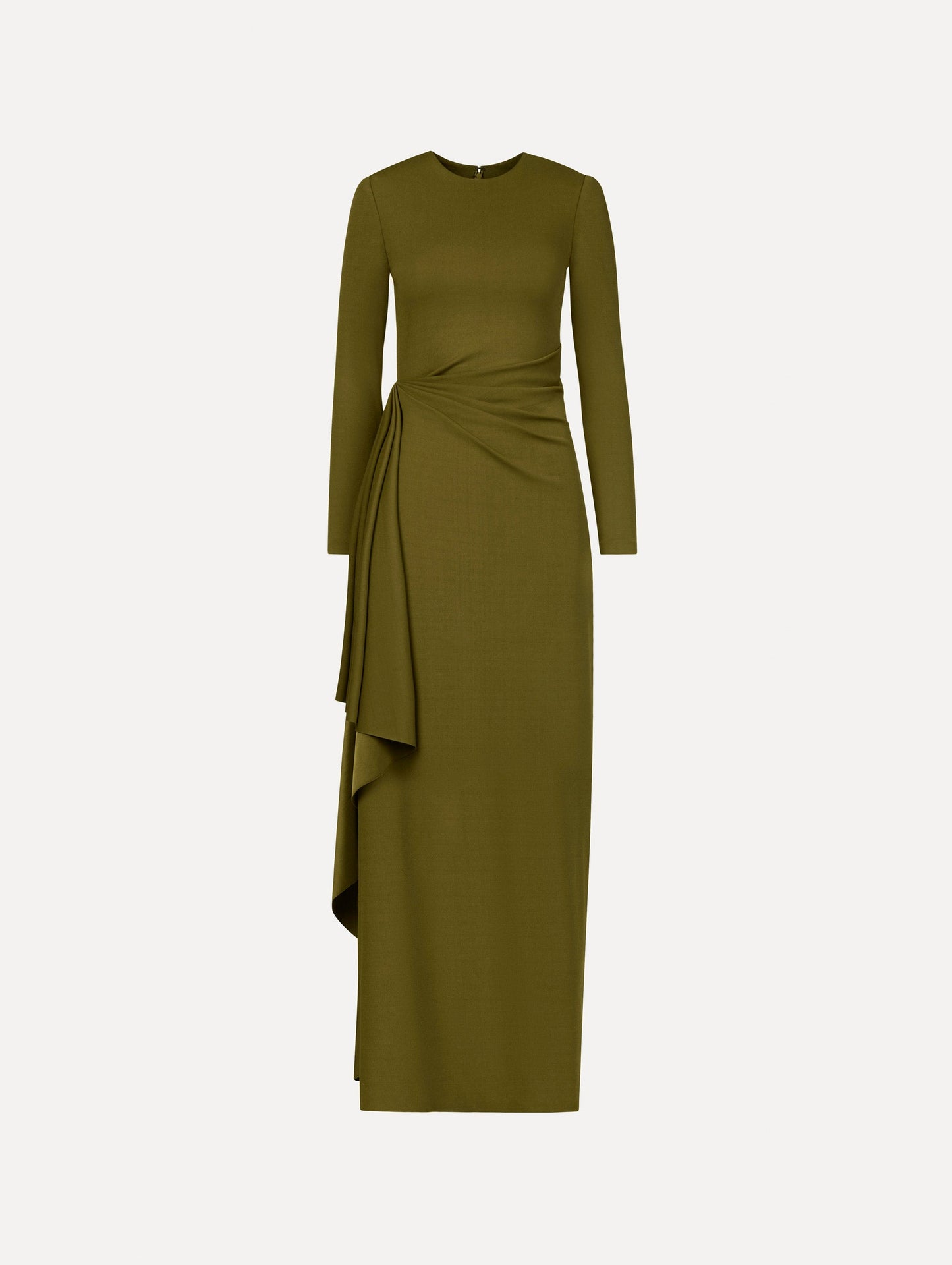 The Drape-Detail Jersey Gown in olive green. Featuring long sleeves, a body-skimming silhouette, gathered detail at waist, and long skirt. Front View.