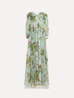 The Chiné Dominican Mixed-Floral Chiffon Sweetheart Gown. Featuring an off-the-shoulder sweetheart neckline, long sleeves, and flowing, tiered skirt. Front View.