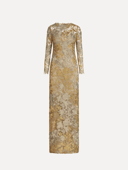 The Hibiscus Metallic Guipure Gown. Featuring metallic guipure lace, long sleeves, a fitted silhouette, and long skirt. Front View.