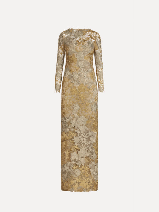 The Hibiscus Metallic Guipure Gown. Featuring metallic guipure lace, long sleeves, a fitted silhouette, and long skirt. Front View.