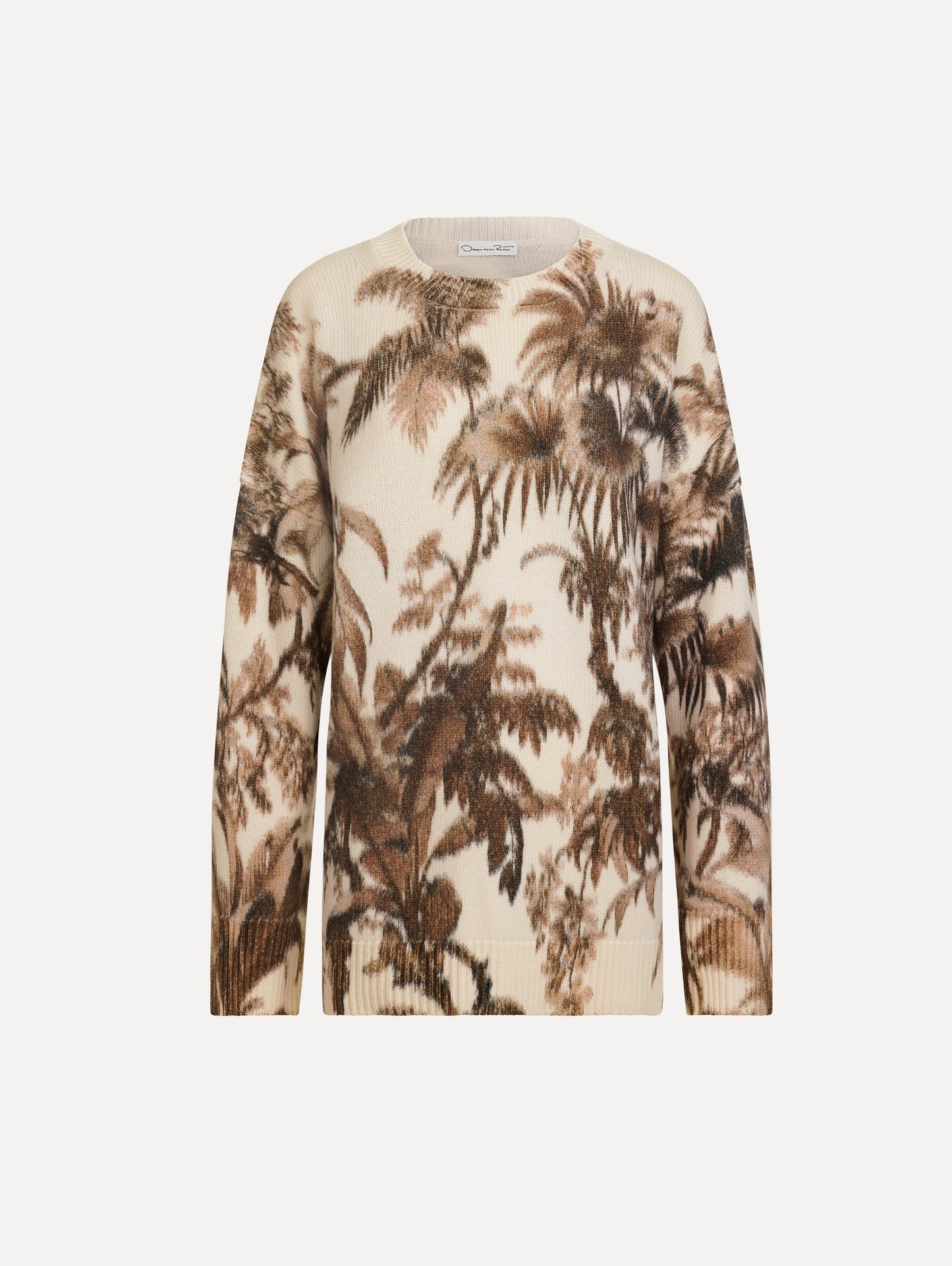 The Chiné Palm Leaves Oversized Pullover in ivory printed with brown palm leaves. Featuring a relaxed silhouette, crew neckline, and ribbed trims. Front View.
