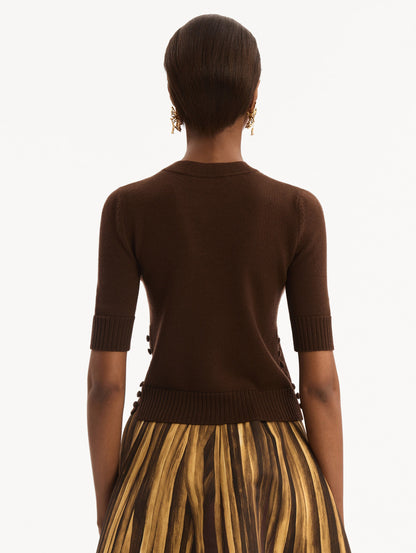 Button-Detail Pullover in mahogany. back view.