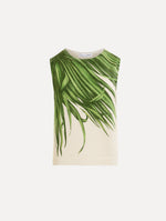 The Palm Leaves Tank in Green and Ivory. Featuring a crew neckline and banded trim. Front View.