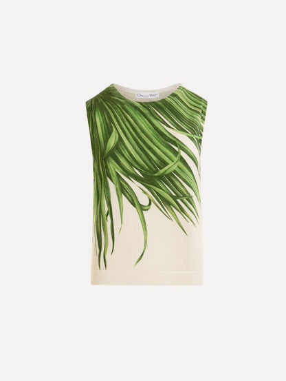 The Palm Leaves Tank in Green and Ivory. Featuring a crew neckline and banded trim. Front View.
