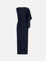 Hibiscus Brooch Knit Dress in Navy. Front View.