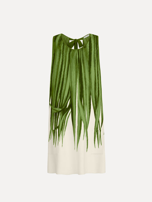 Palm Leaves Jacquard Shift Dress in Green and Ivory print. Front View.