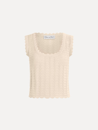 The Pointelle Weave Tank in Ivory. Featuring a scoop neckline, thick tank straps, and scalloped edges. Front View.