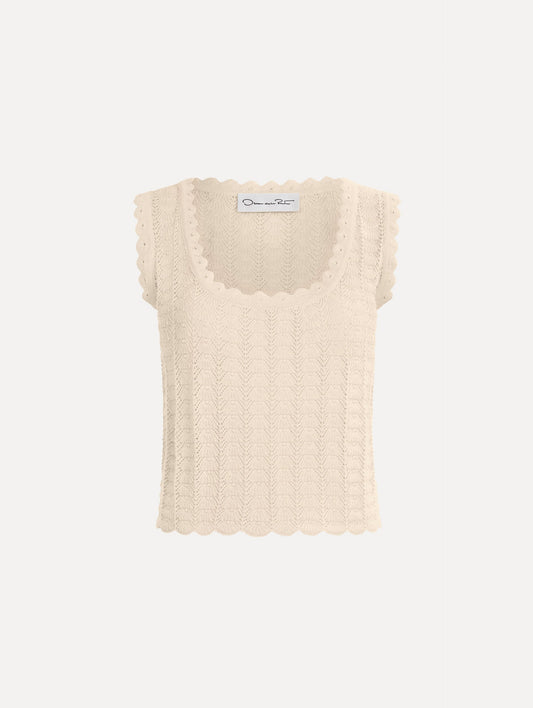 The Pointelle Weave Tank in Ivory. Featuring a scoop neckline, thick tank straps, and scalloped edges. Front View.