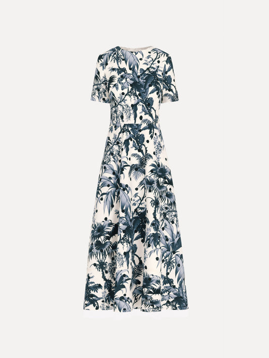 Dotted Palm Leaves Cotton Poplin Short-Sleeve Dress in Navy/White. Front view.