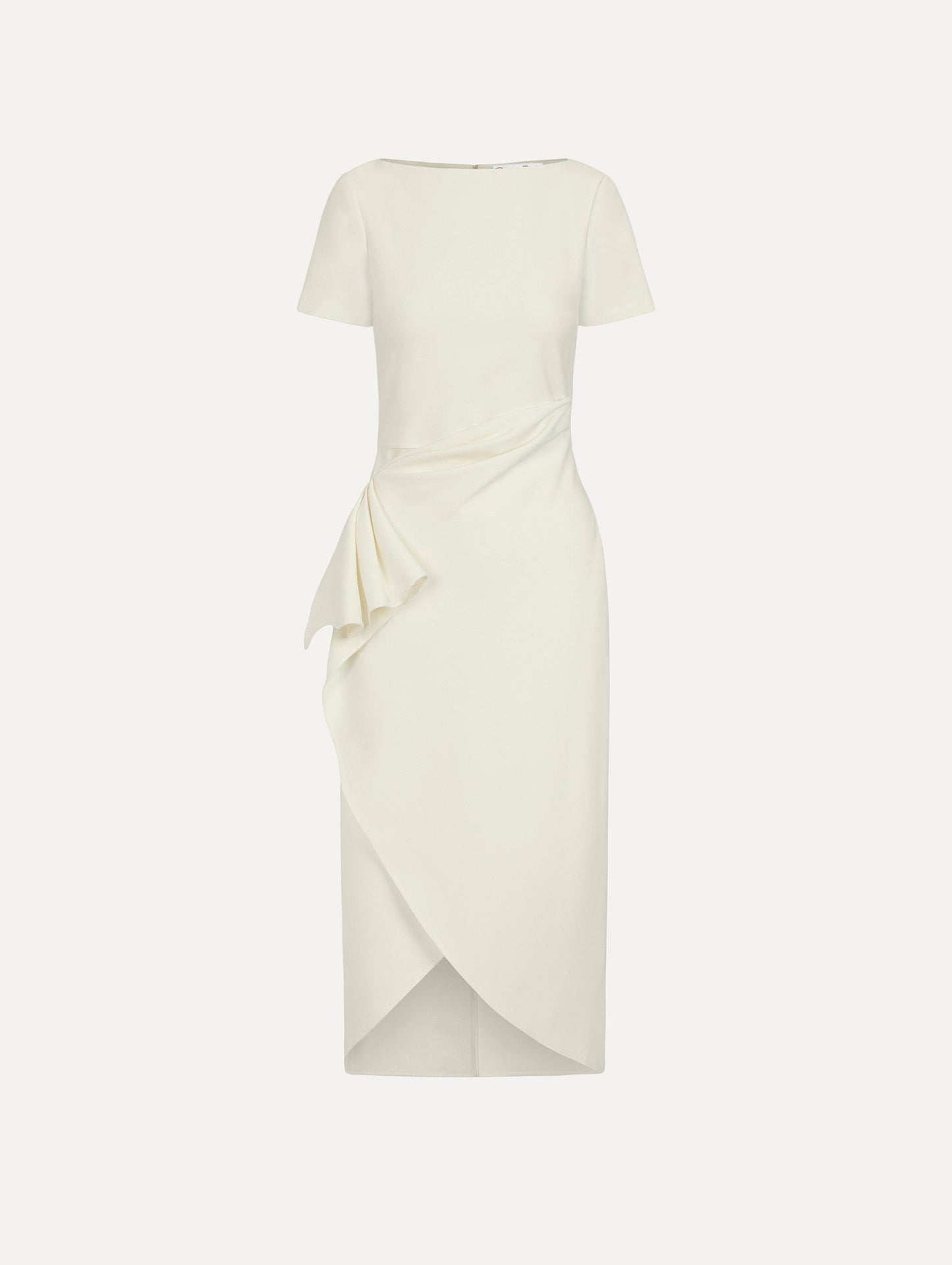 The Drape-Detail Wool Dress in Ivory. Front View.